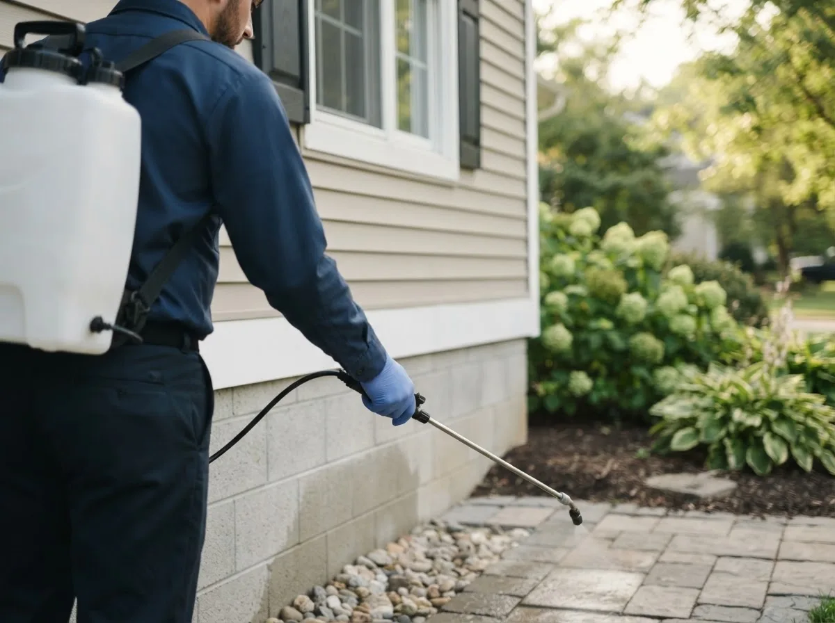 Pest control technician inspecting a home in Davisburg, MI